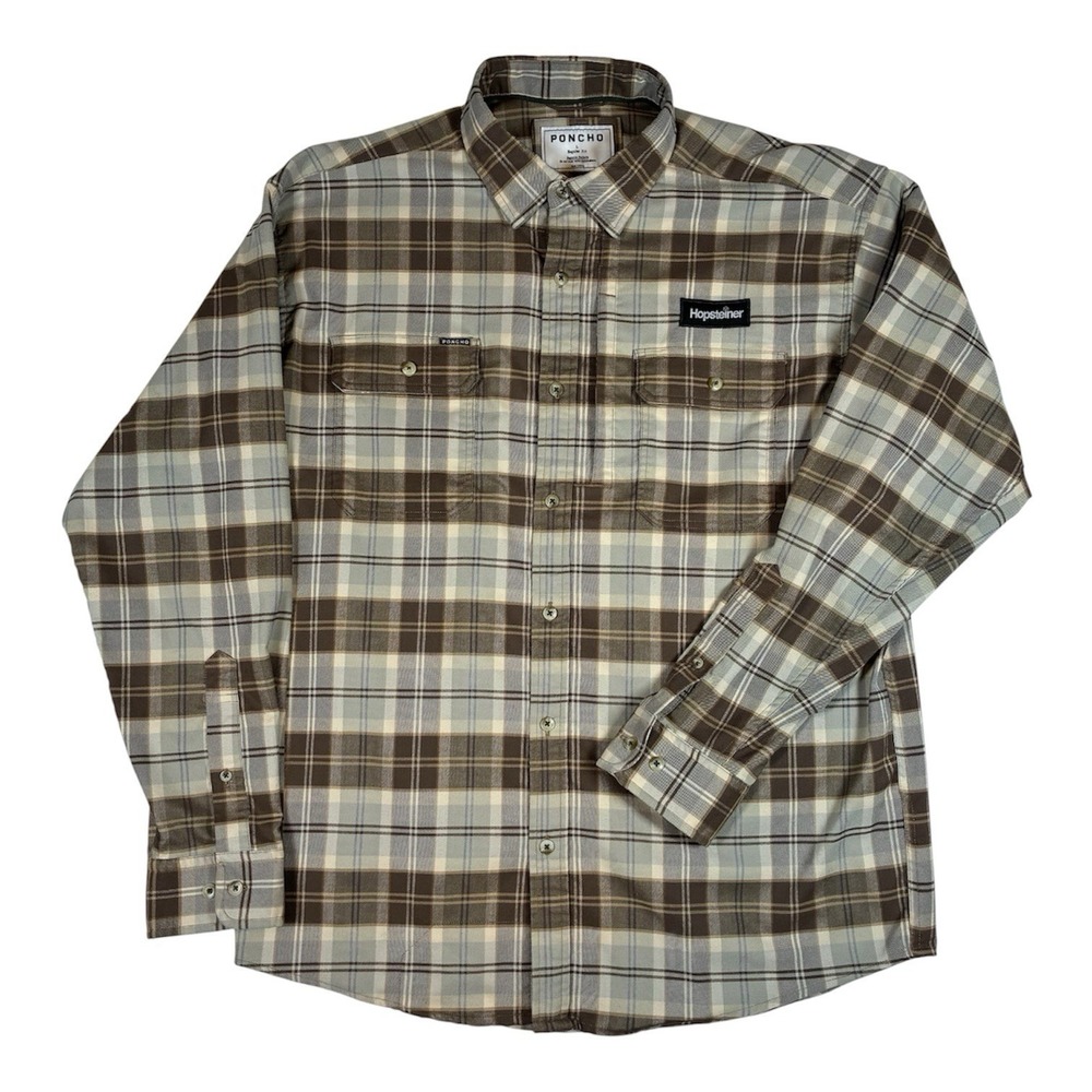 Poncho Mens L Brown Plaid Reg Fit Long sleeve Fishing Vented Flannel Shirt